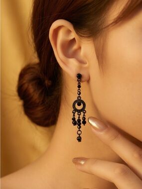 Napier Black Beaded Dangling Circle Earrings